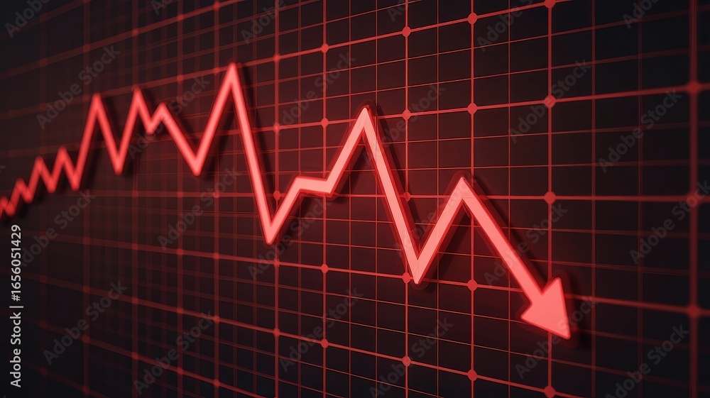 Red downward trending graph indicating significant financial decline and market crash with a sharp drop shown on a grid background
